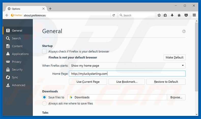 Eliminando myluckystarting.com de la página de inicio de Mozilla Firefox