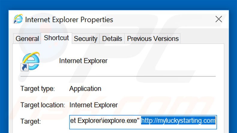 Eliminar myluckystarting.com del destino del acceso directo de Internet Explorer paso 2