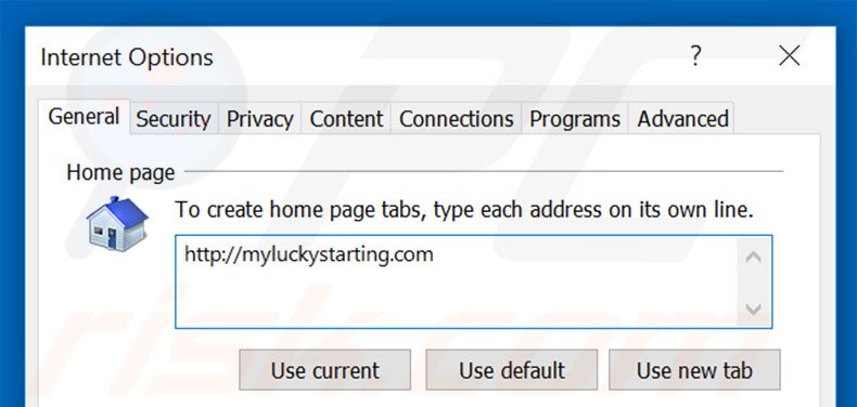 Eliminando myluckystarting.com de la página de inicio de Internet Explorer