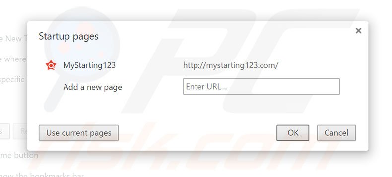 Eliminando mystarting123.com de la página de inicio de Google Chrome