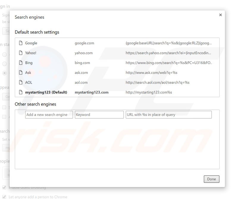 Eliminando mystarting123.com del motor de búsqueda predeterminado en Google Chrome