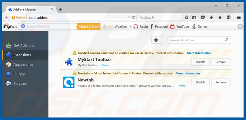 Eliminando las extensiones vinculadas a mystarting123.com en Mozilla Firefox