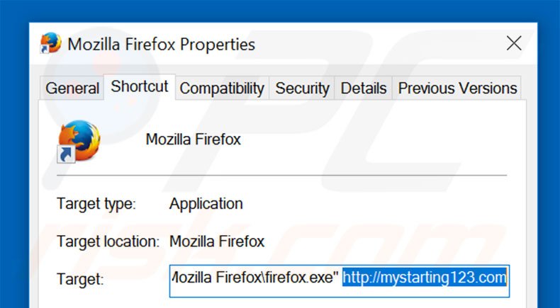 Eliminar mystarting123.com del destino del acceso directo de Mozilla Firefox paso 2