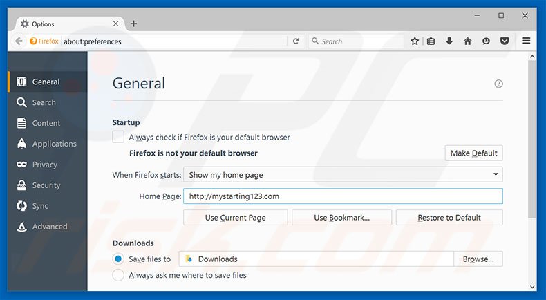 Eliminando mystarting123.com de la página de inicio de Mozilla Firefox