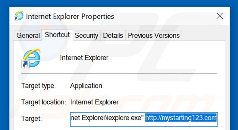 Eliminar mystarting123.com del destino del acceso directo de Internet Explorer paso 1