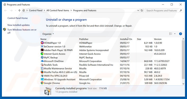 desinstalar el secuestrador de navegadores mystarting123.com con el Panel de control