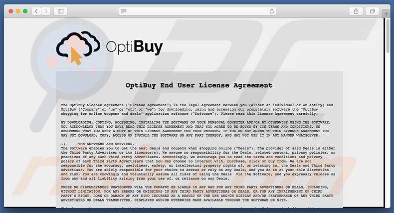 condiciones de uso del sitio web del adware OptiBuy