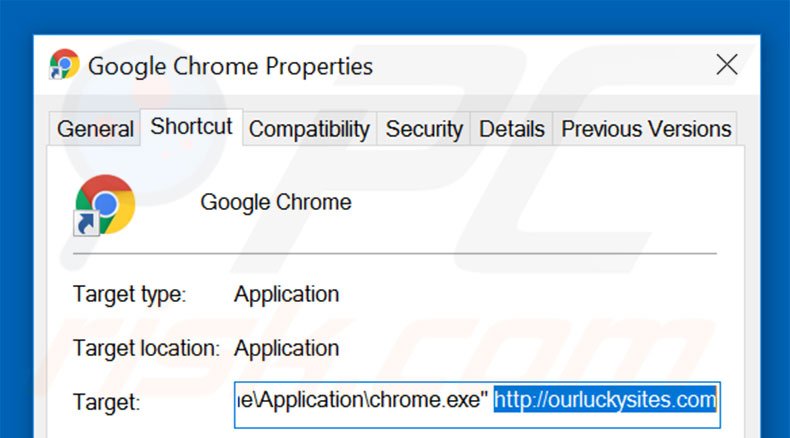 Eliminar ourluckysites.com del destino del acceso directo de Google Chrome paso 2