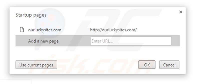 Eliminando ourluckysites.com de la página de inicio de Google Chrome