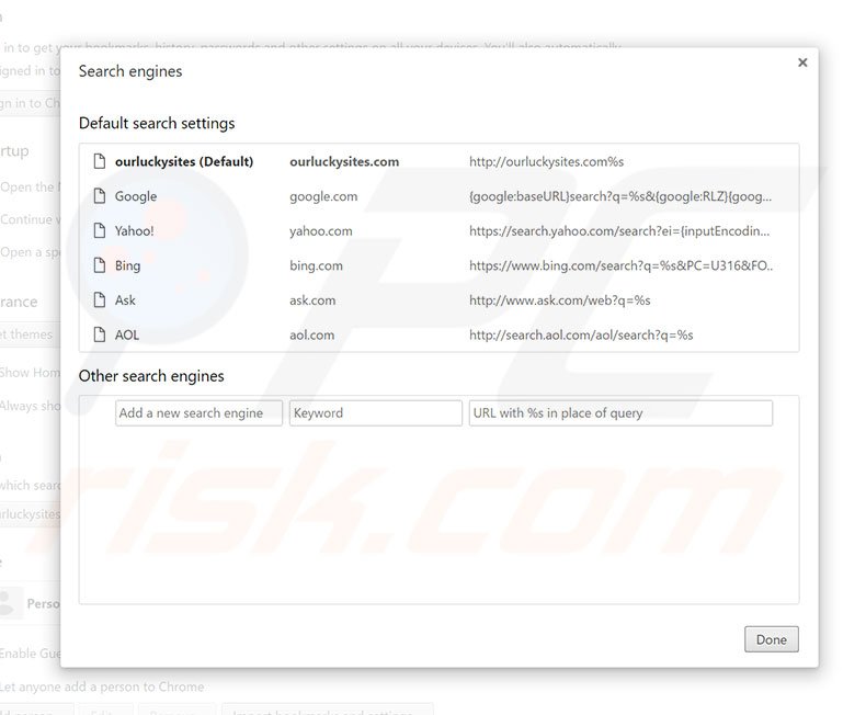 Eliminando ourluckysites.com del motor de búsqueda por defecto de Google Chrome