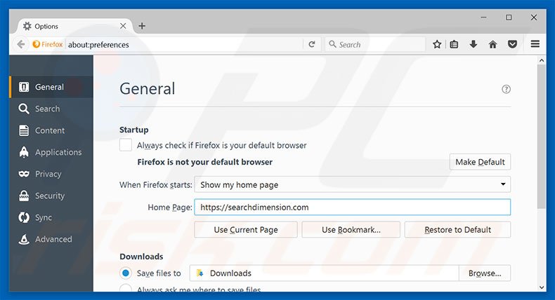 Eliminando searchdimension.com de la página de inicio de Mozilla Firefox