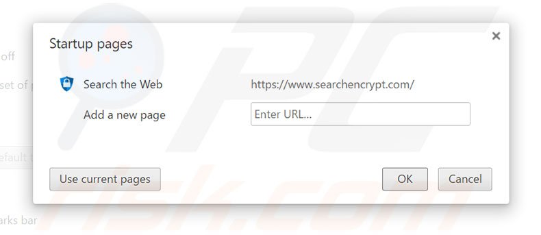 Eliminando searchencrypt.com de la página de inicio de Google Chrome