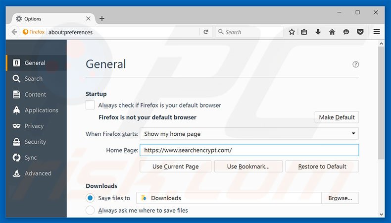 Eliminando searchencrypt.com de la página de inicio de Mozilla Firefox