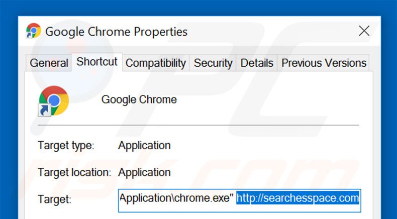 Eliminar searchesspace.com del destino del acceso directo de Google Chrome paso 2