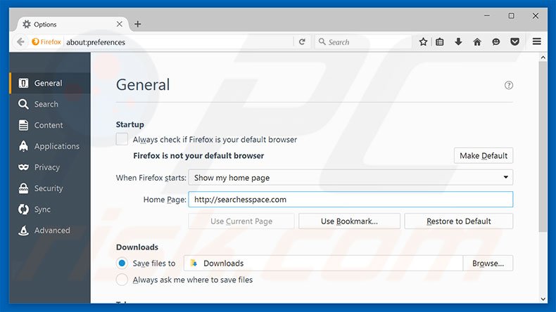 Eliminando searchesspace.com de la página de inicio de Mozilla Firefox