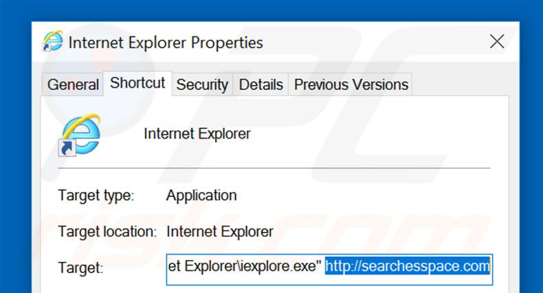 Eliminar searchesspace.com del destino del acceso directo de Internet Explorer paso 2