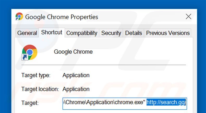 Eliminar search.gg del destino del acceso directo de Google Chrome paso 2