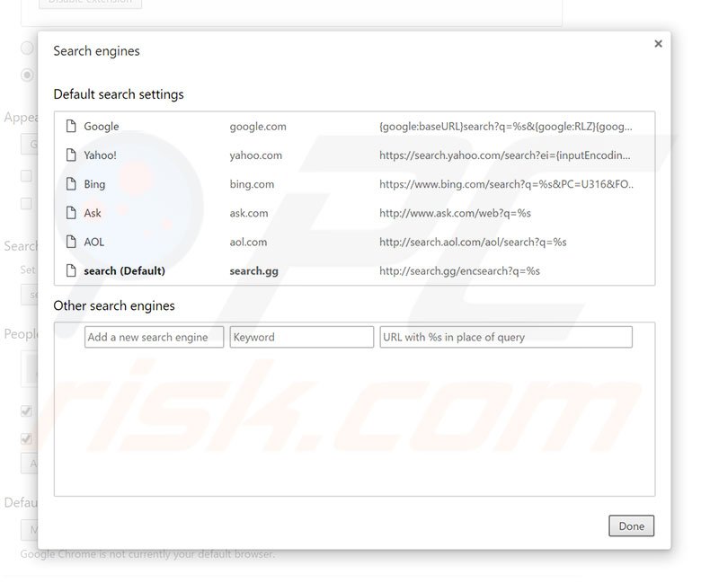 Eliminando search.gg del motor de búsqueda por defecto de Google Chrome