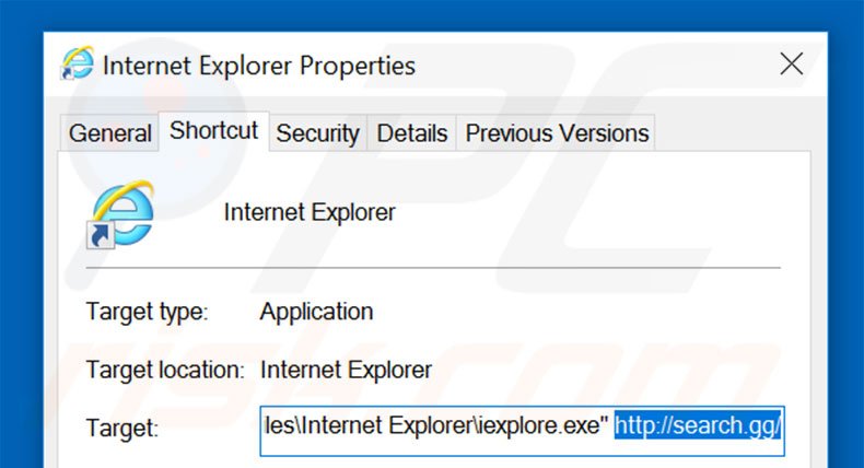 Eliminar search.gg del destino del acceso directo de Internet Explorer paso 2