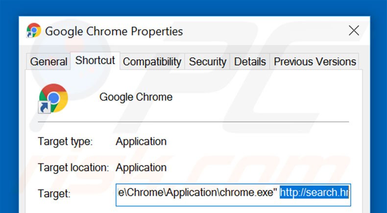 Eliminar search.hr del destino del acceso directo de Google Chrome paso 2