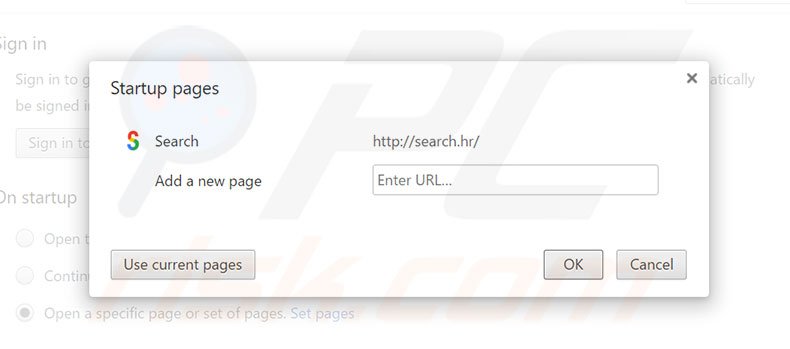 Eliminando search.hr de la página de inicio de Google Chrome