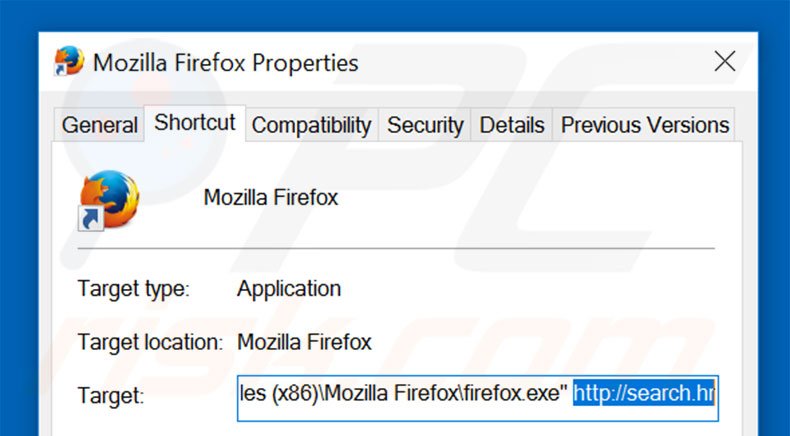 Eliminar search.hr del destino del acceso directo de Mozilla Firefox paso 2