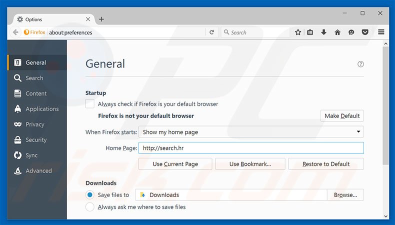 Eliminando search.hr de la página de inicio de Mozilla Firefox