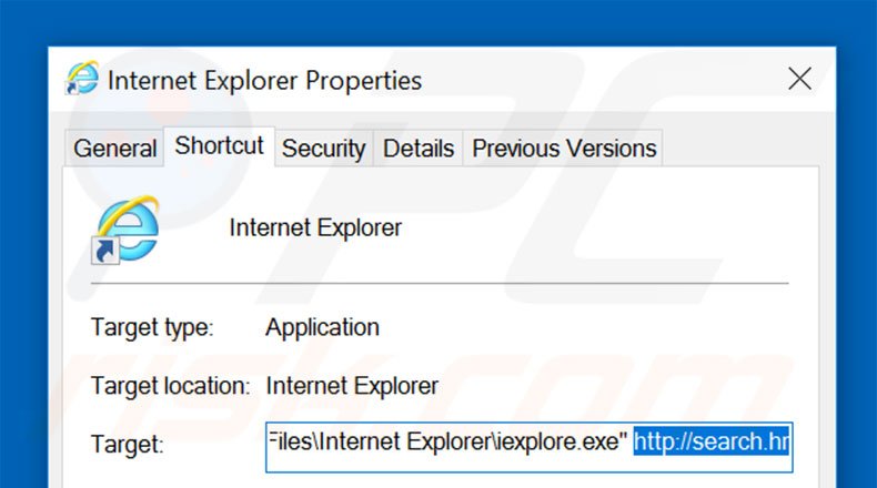 Eliminar search.hr del destino del acceso directo de Internet Explorer paso 2