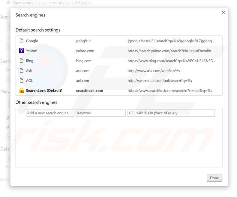 Eliminando searchlock.com del motor de búsqueda por defecto de Google Chrome