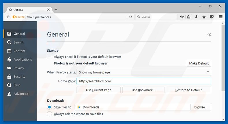 Eliminando searchlock.com de la página de inicio de Mozilla Firefox
