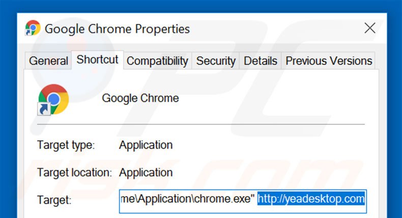 Eliminar yeadesktop.com del destino del acceso directo de Google Chrome paso 2