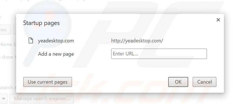 Eliminando yeadesktop.com de la página de inicio de Google Chrome