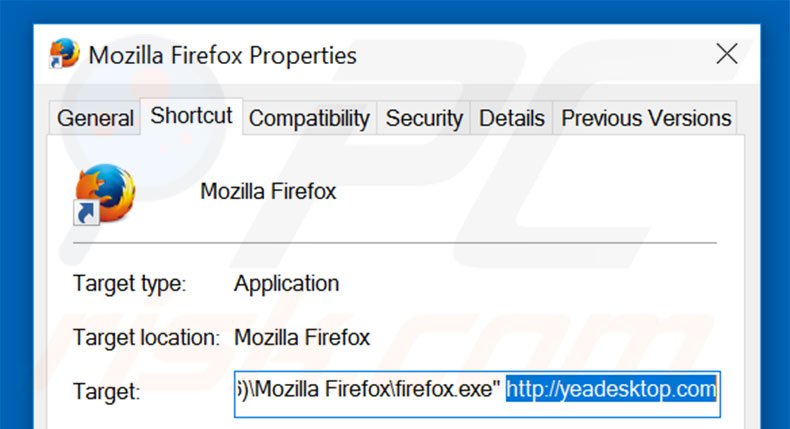 Eliminar yeadesktop.com del destino del acceso directo de Mozilla Firefox paso 2