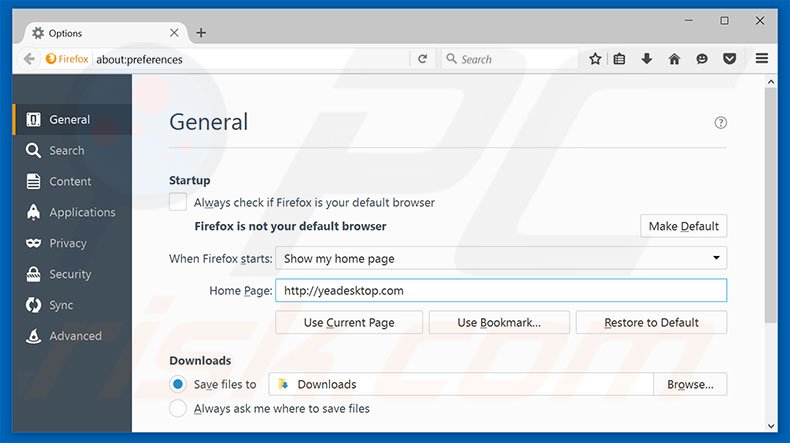 Eliminando yeadesktop.com de la página de inicio de Mozilla Firefox