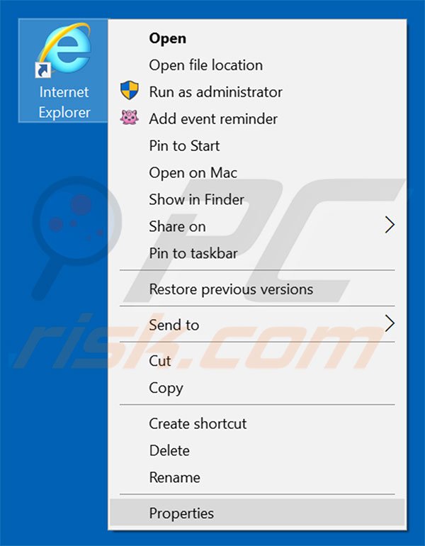 Eliminar yeadesktop.com del destino del acceso directo de Internet Explorer paso 1