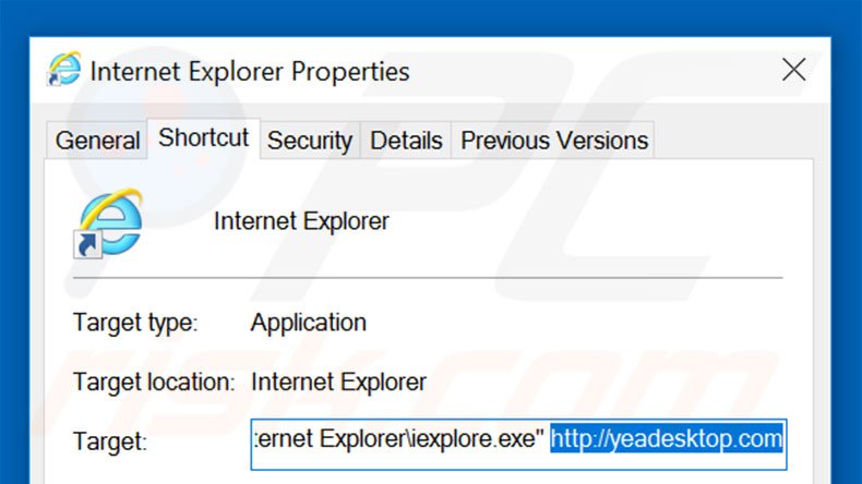 Eliminar yeadesktop.com del destino del acceso directo de Internet Explorer paso 2