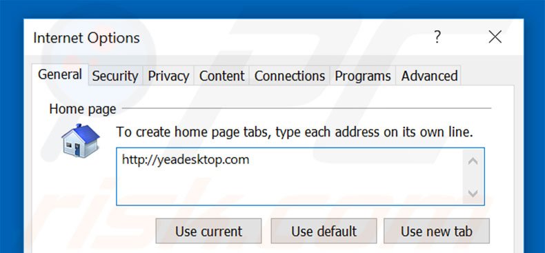 Eliminando yeadesktop.com de la página de inicio de Internet Explorer