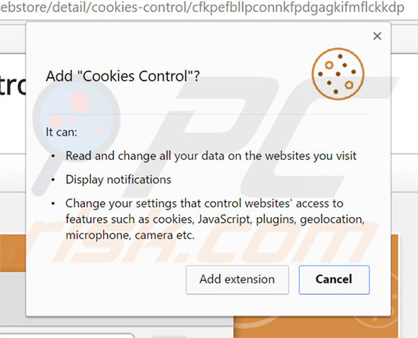 El software publicitario Cookies Control pidiendo permiso para añadir complementos