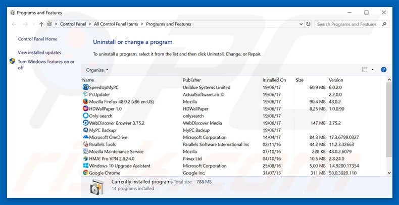 desinstalar el adware Cookies On-Off del Panel de control