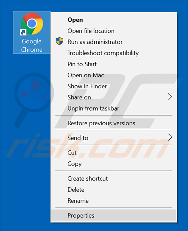 Eliminar goqrench.net del destino del acceso directo de Google Chrome paso 1