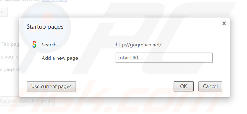Eliminando goqrench.net de la página de inicio de Google Chrome