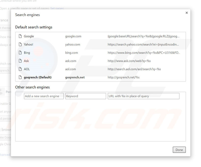 Eliminando goqrench.net del motor de búsqueda por defecto de Google Chrome