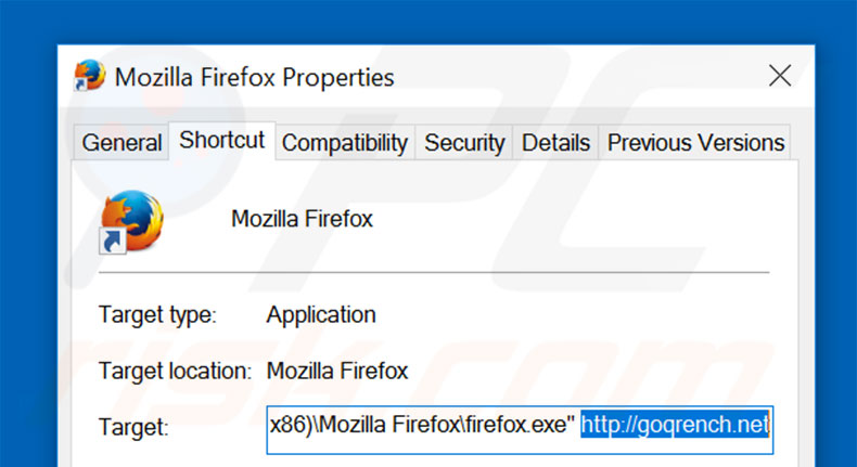 Eliminar goqrench.net del destino del acceso directo de Mozilla Firefox paso 2