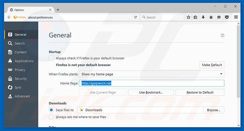Eliminando goqrench.net de la página de inicio de Mozilla Firefox