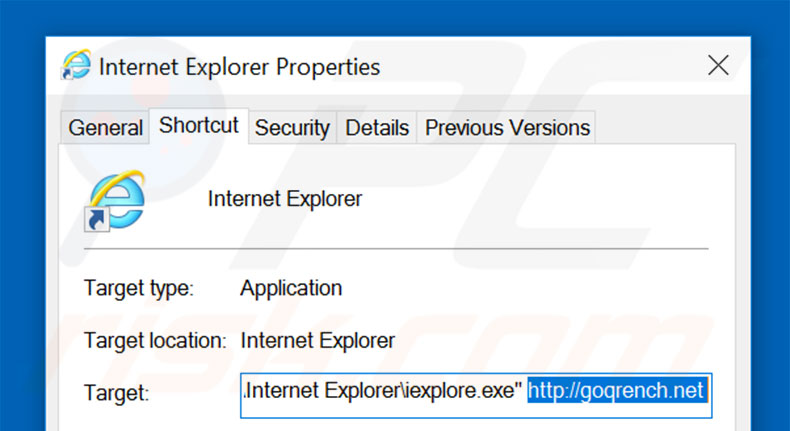 Eliminar goqrench.net del destino del acceso directo de Internet Explorer paso 2