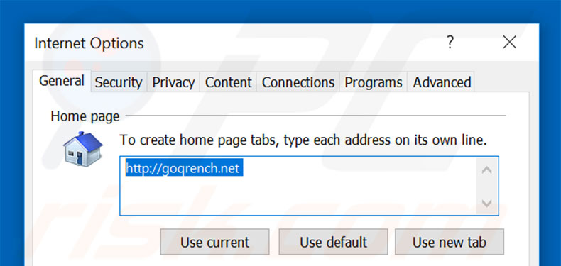 Eliminando goqrench.net de la página de inicio de Internet Explorer