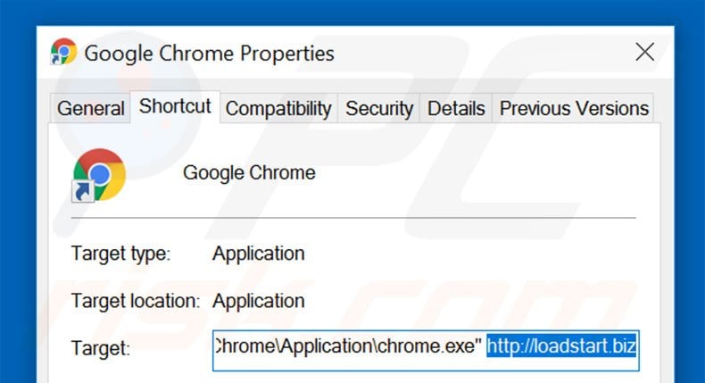 Eliminar loadstart.biz del destino del acceso directo de Google Chrome paso 2