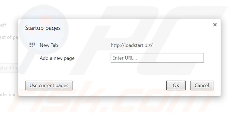 Eliminando loadstart.biz de la página de inicio de Google Chrome