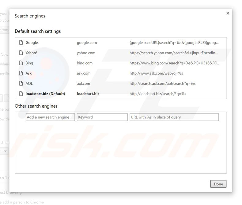 Eliminando loadstart.biz del motor de búsqueda por defecto de Google Chrome