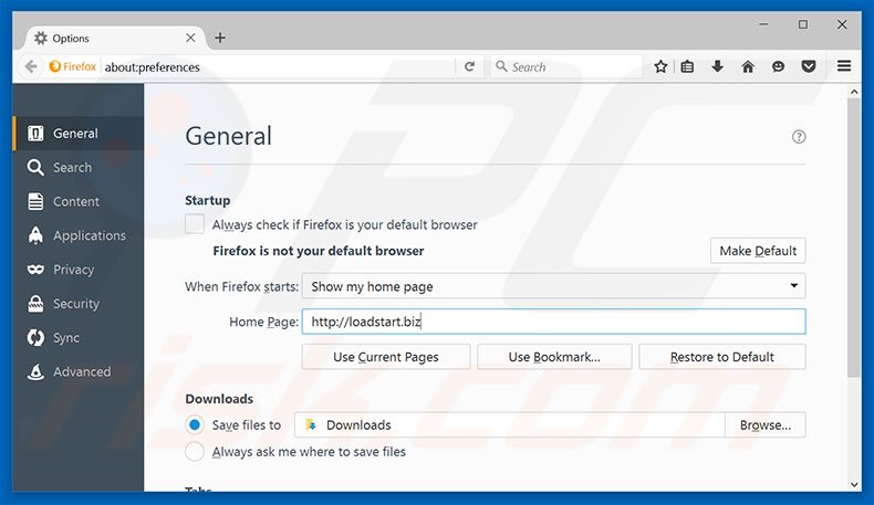 Eliminando loadstart.biz de la página de inicio de Mozilla Firefox